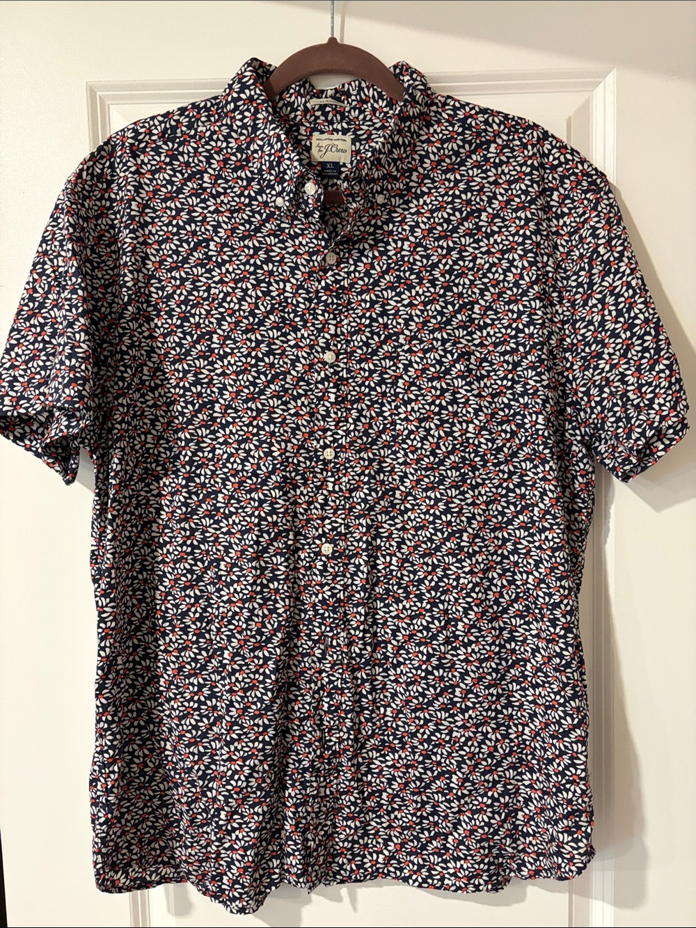 JCrew Men’s Navy 100% Cotton Button-Down Shirt with Red & White Floral Print